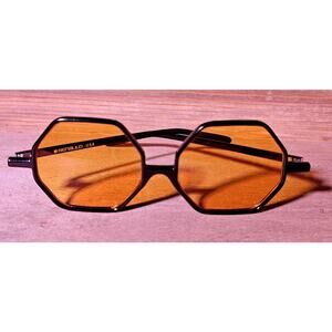 Vtg Renauld USA Hexagon Black Frame Amber Orange Lens Sunglasses 60-70s Retro